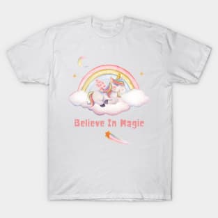 Believe In Magic Cute Unicorn With Rainbow, Clouds, And Stars T-Shirt